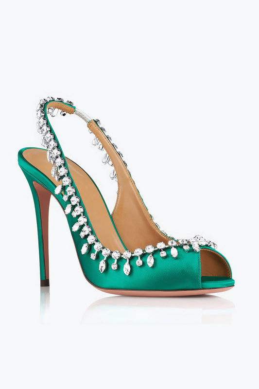 Slingback Heels with Crystal Trim and Open Toe - Green