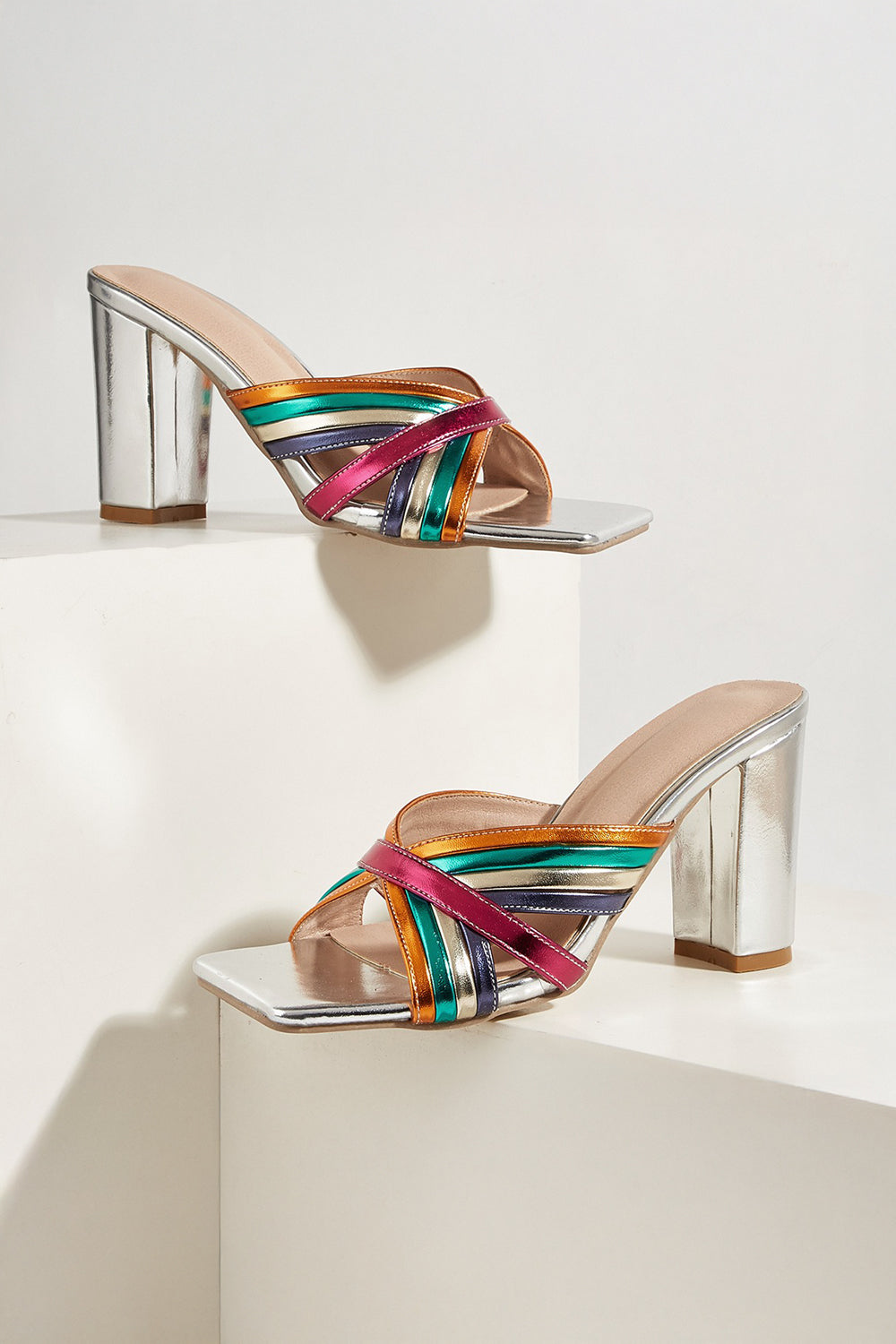 Block Heel Sandals with Multi-Strap Crossover Front - Silver