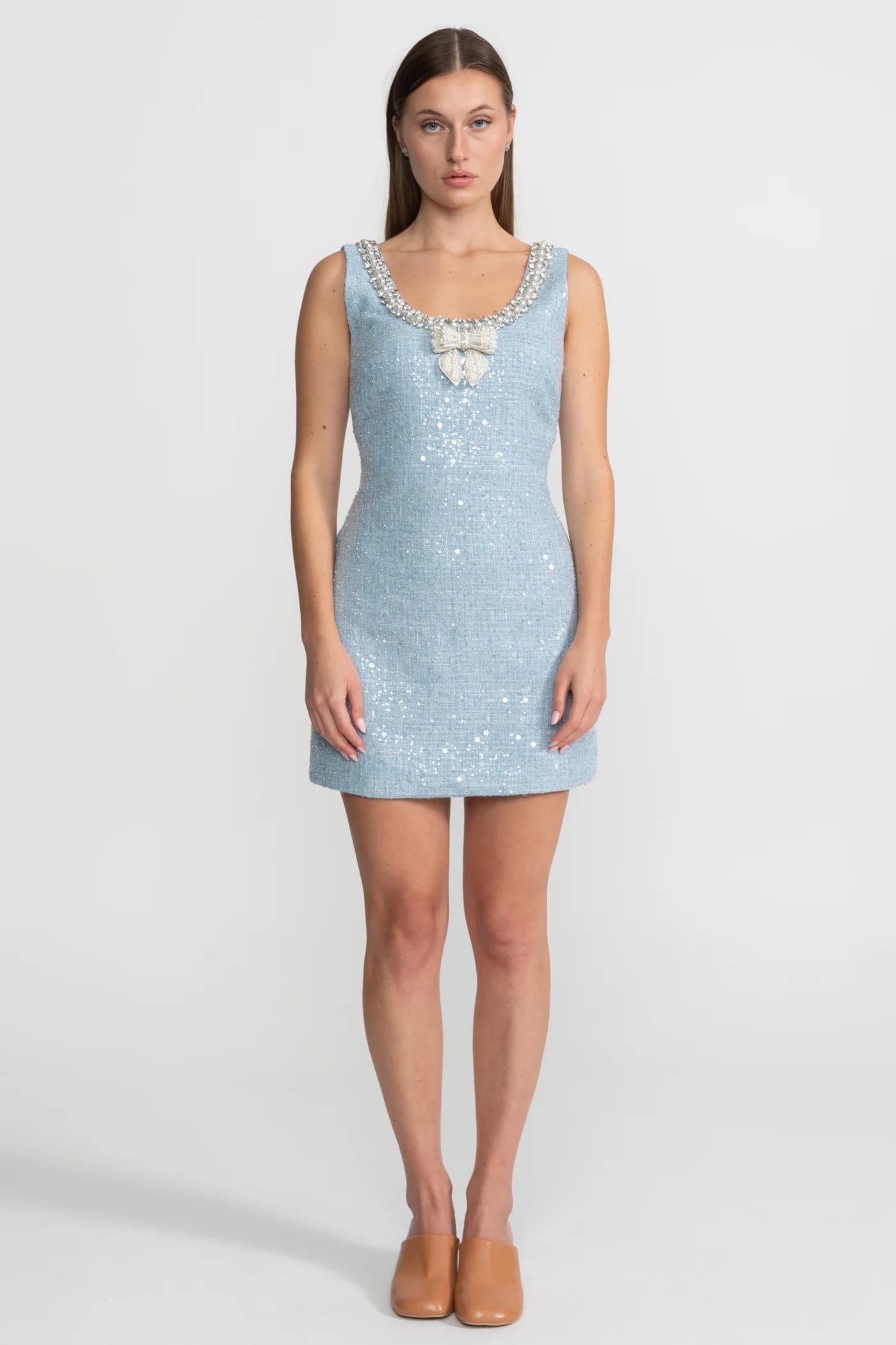 Sleeveless Mini Dress with Beaded Bow Detail - Blue
