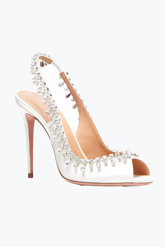 Slingback Heels with Crystal Trim and Open Toe - White