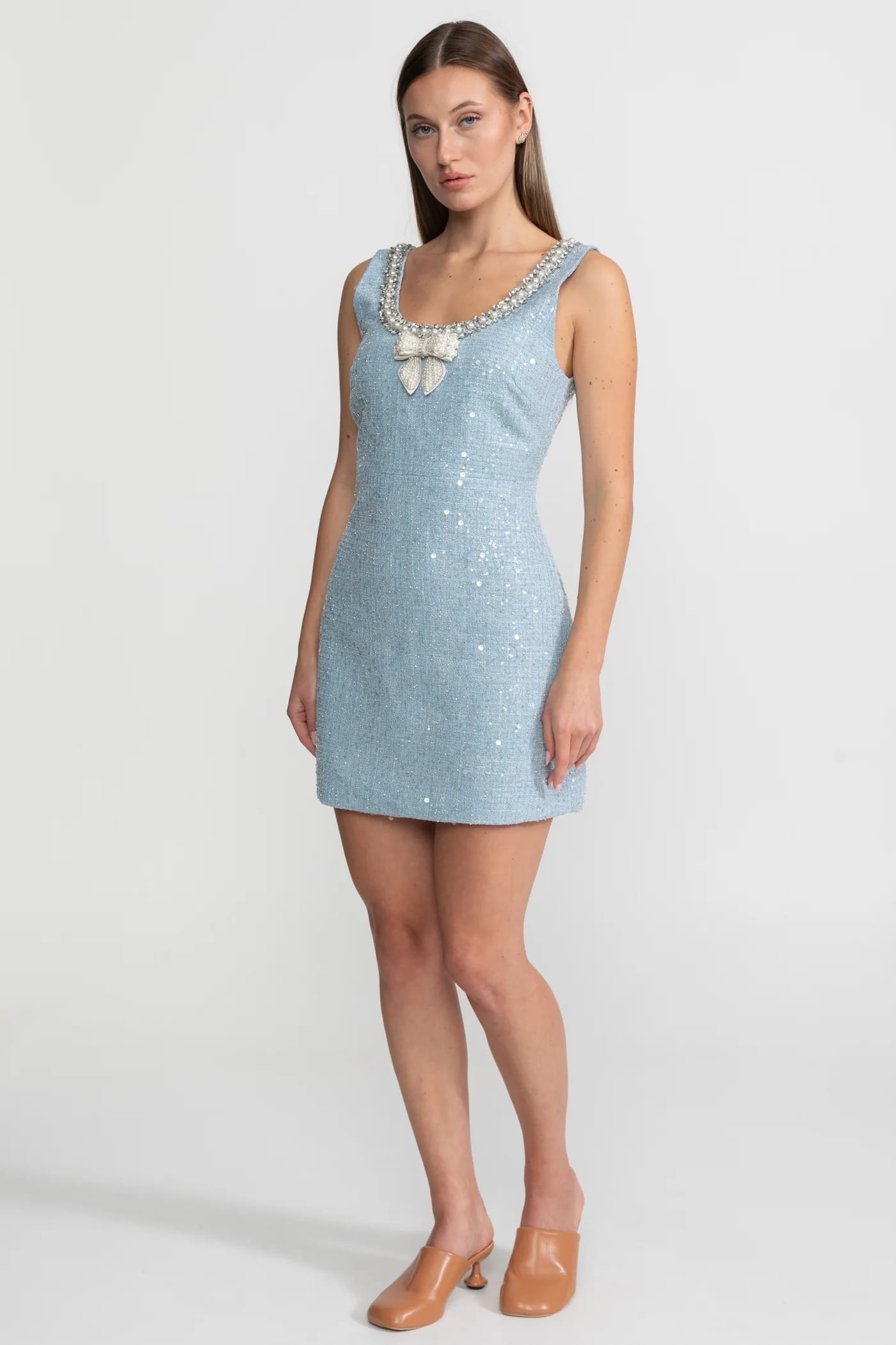 Sleeveless Mini Dress with Beaded Bow Detail - Blue
