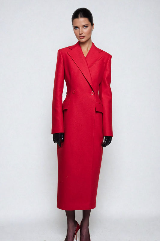 Tailored Long Coat with Lapel Collar - Red