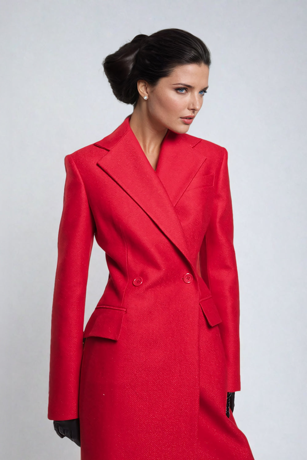 Tailored Long Coat with Lapel Collar - Red