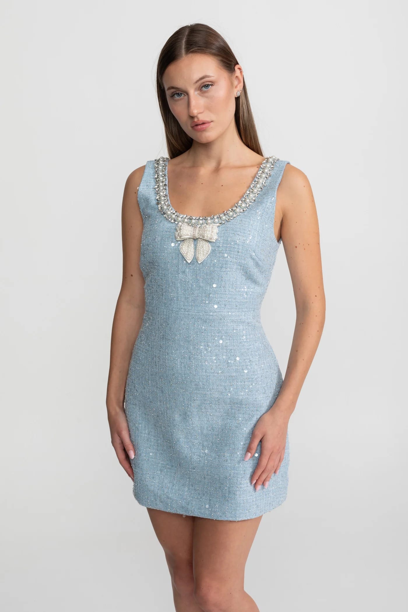 Sleeveless Mini Dress with Beaded Bow Detail - Blue