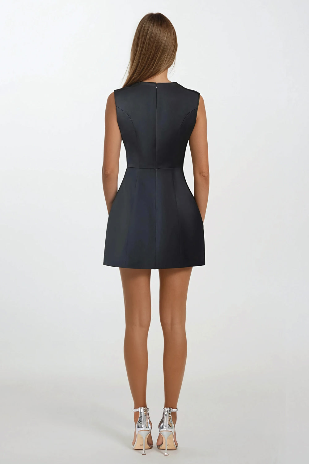 Sleeveless Mini Dress with Beaded Floral Accents - Black