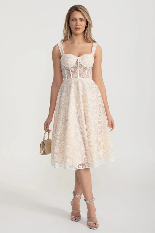Embroidered Lace Midi Dress with Sheer Corset Bodice - Ivoire