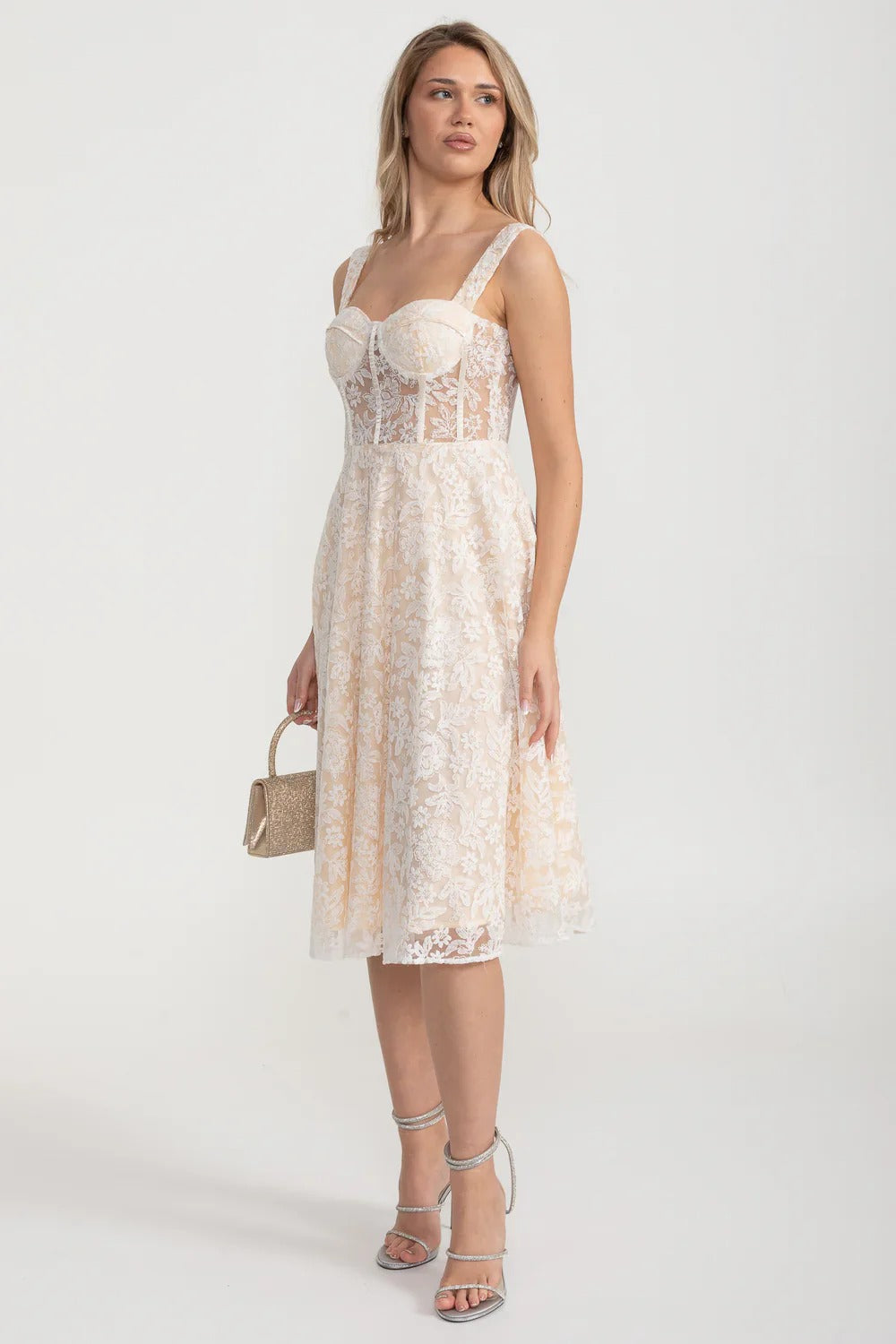 Embroidered Lace Midi Dress with Sheer Corset Bodice - Ivoire