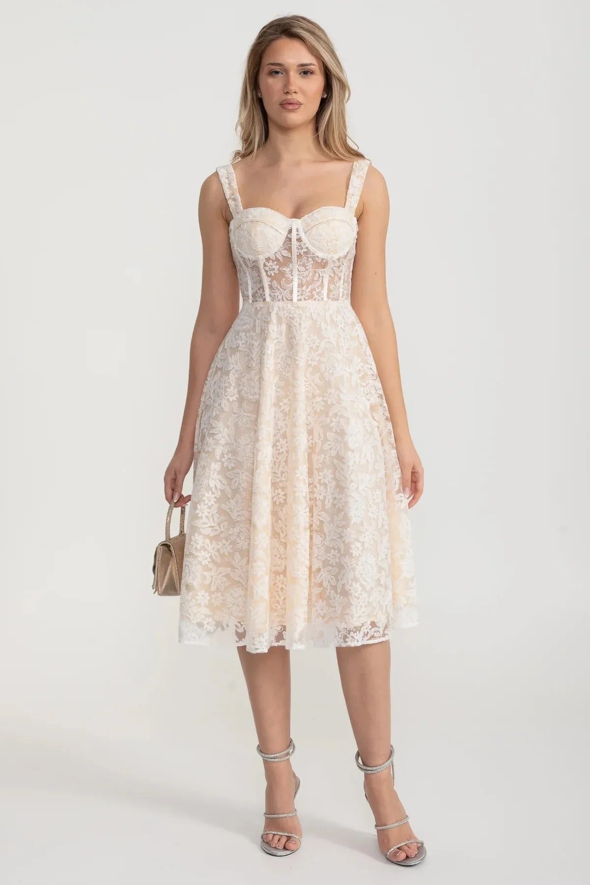 Embroidered Lace Midi Dress with Sheer Corset Bodice - Ivoire
