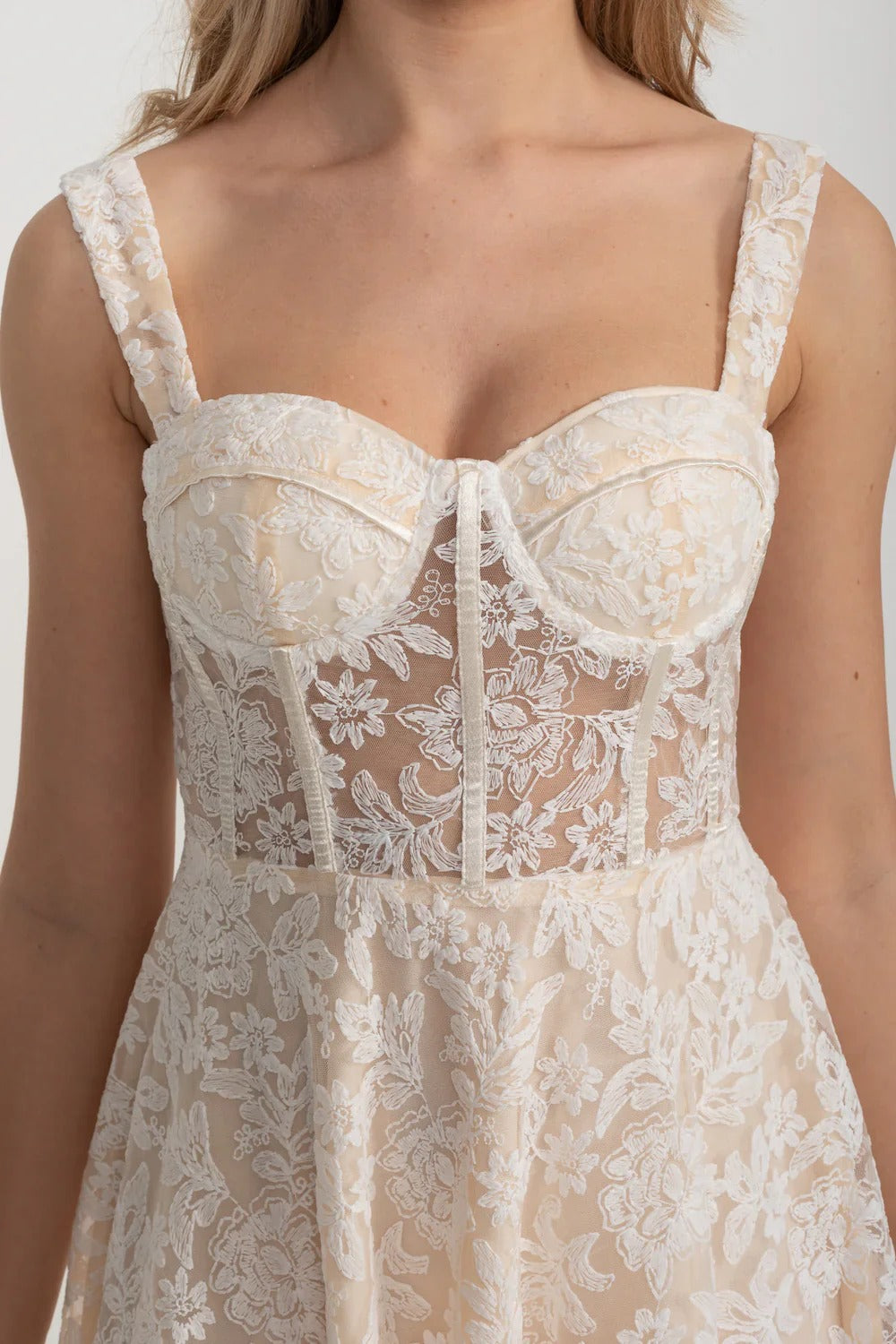 Embroidered Lace Midi Dress with Sheer Corset Bodice - Ivoire