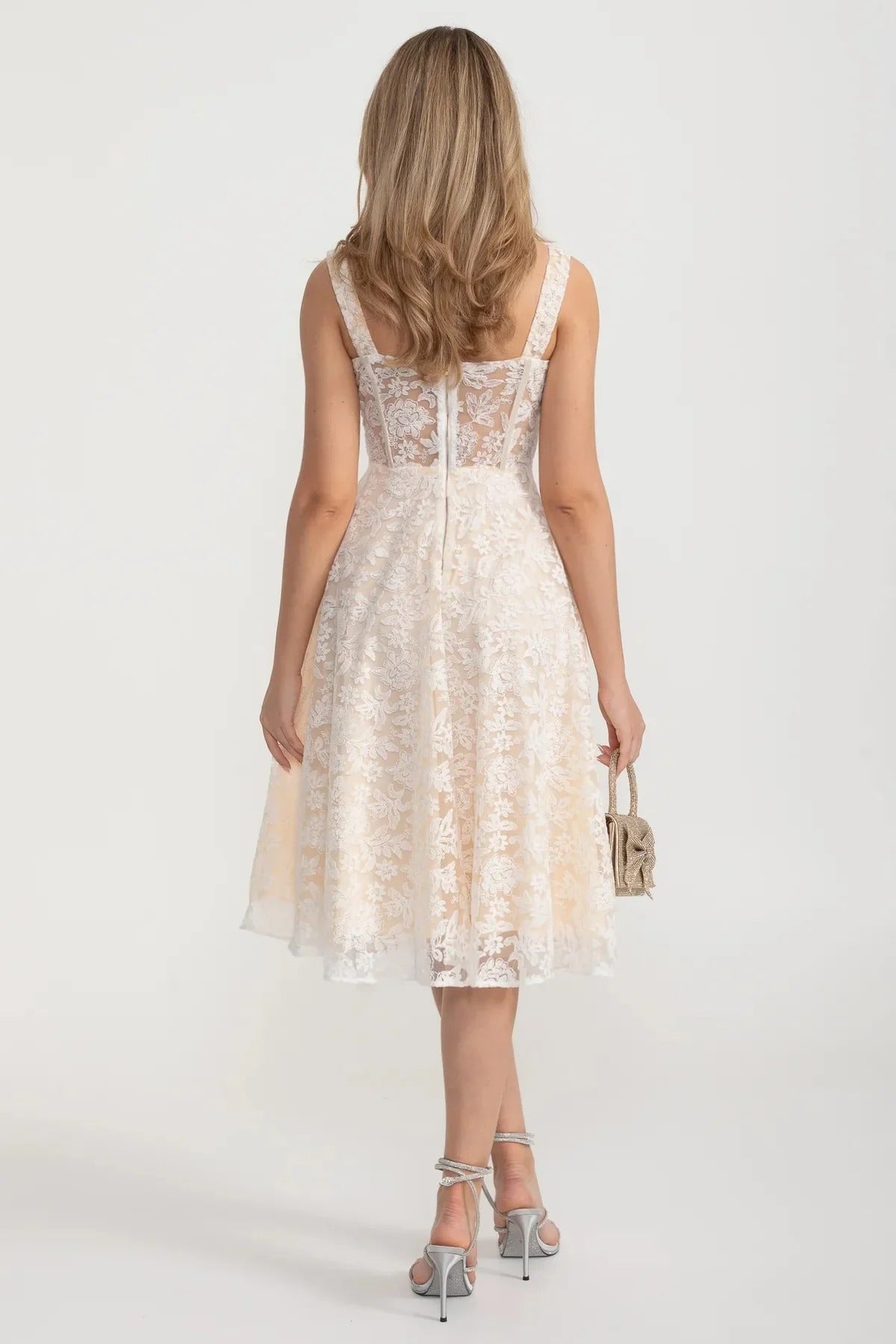 Embroidered Lace Midi Dress with Sheer Corset Bodice - Ivoire