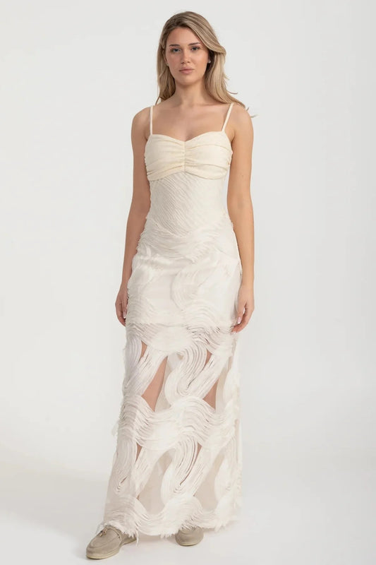 Sheer Appliqué Maxi Dress with Ruched Bodice - Ivoire