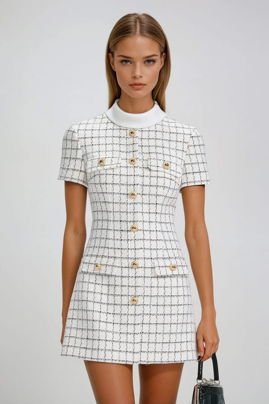 Short Sleeve Button Detail Mini Dress - White