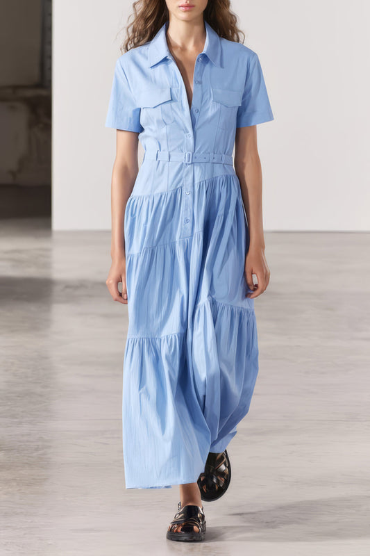 Tiered Button-Down Belted Maxi Dress - Blue