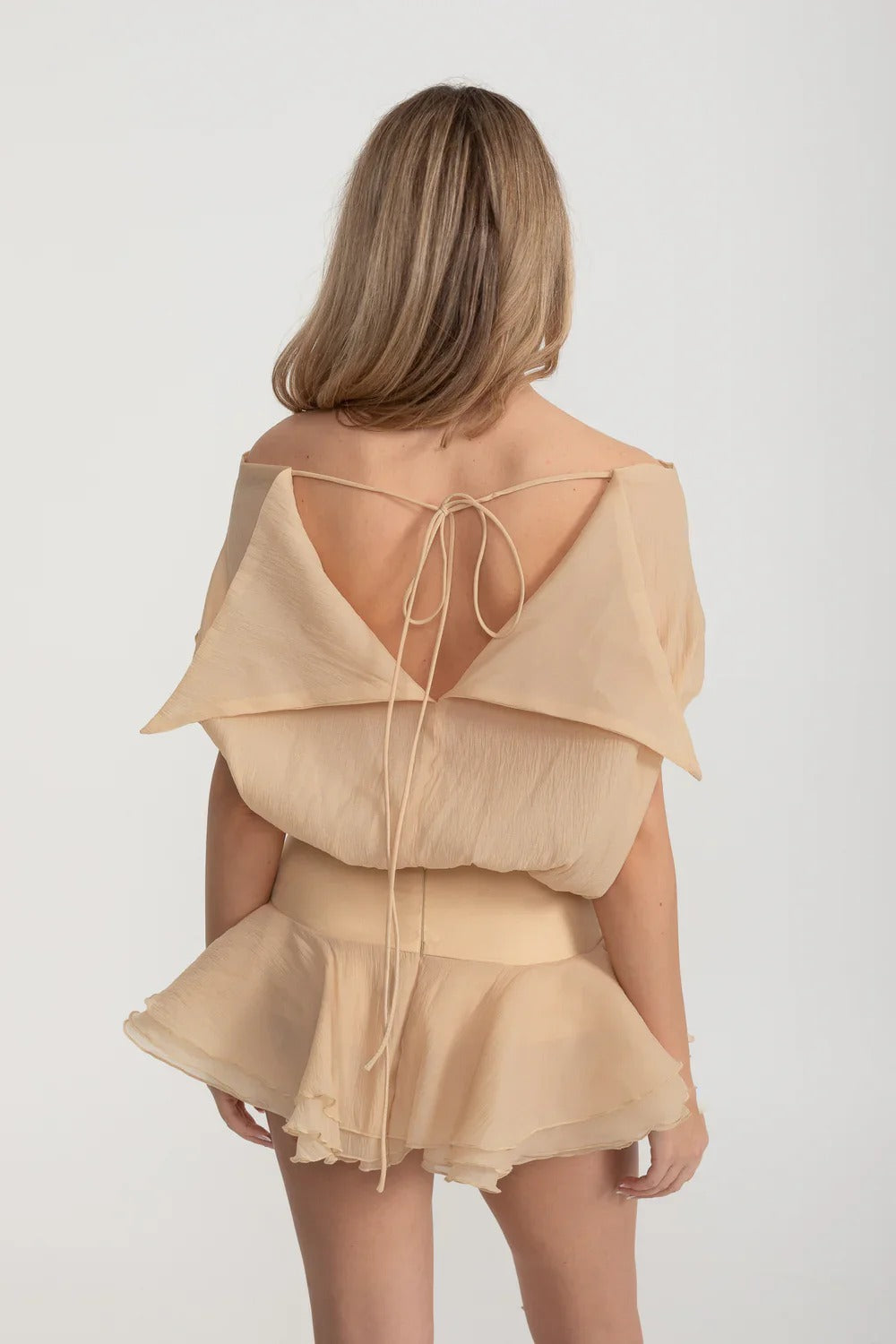 Off-Shoulder Ruffle Romper with Tie Back - Beige