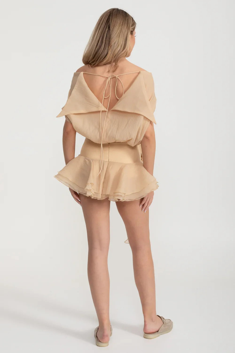 Off-Shoulder Ruffle Romper with Tie Back - Beige