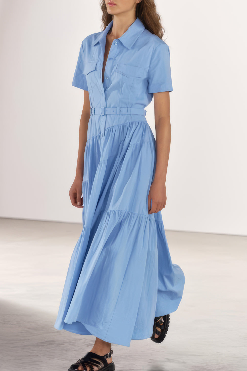 Tiered Button-Down Belted Maxi Dress - Blue