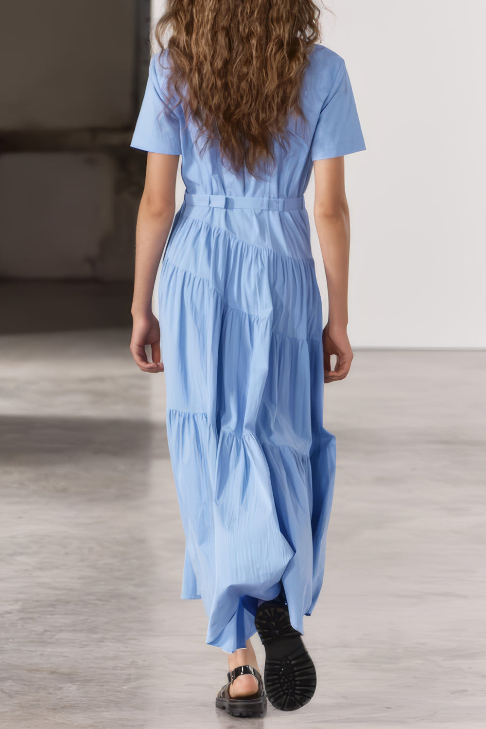 Tiered Button-Down Belted Maxi Dress - Blue
