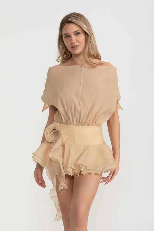 Off-Shoulder Ruffle Romper with Tie Back - Beige