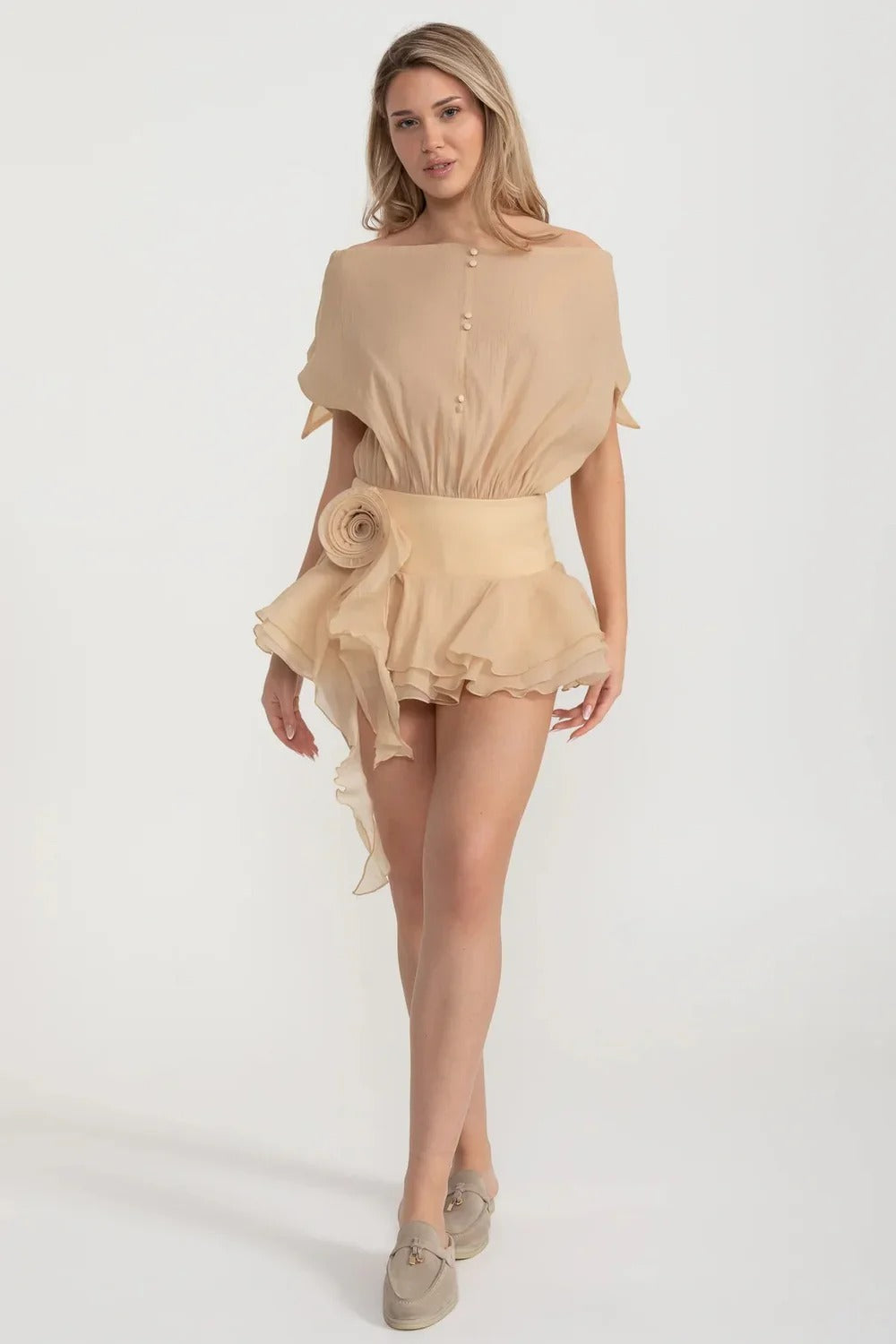 Off-Shoulder Ruffle Romper with Tie Back - Beige