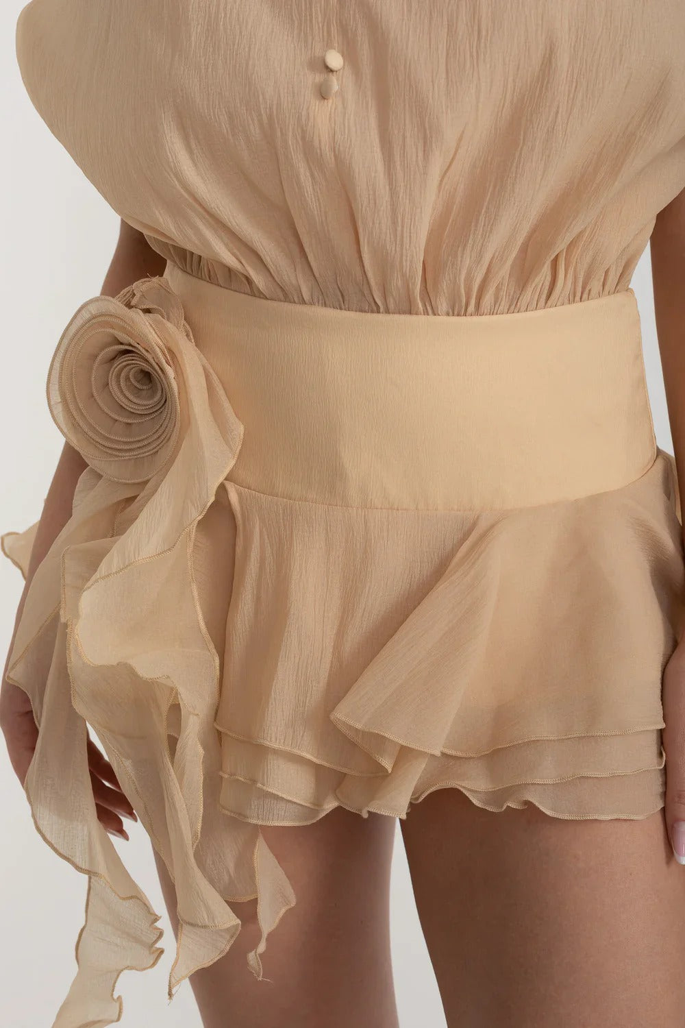 Off-Shoulder Ruffle Romper with Tie Back - Beige