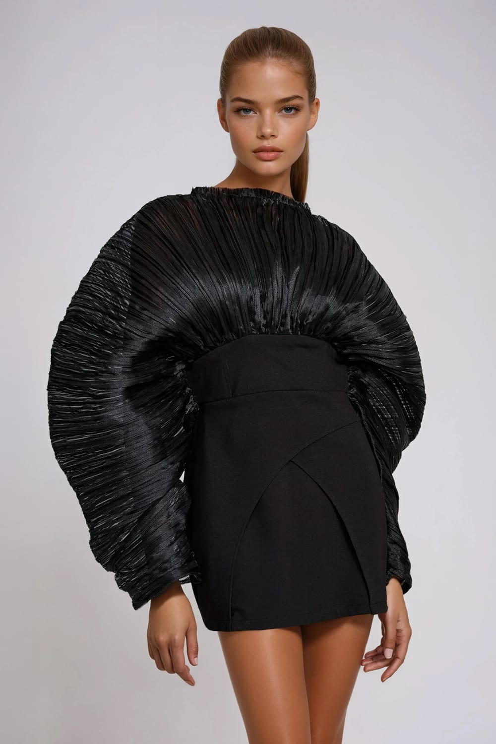 Mini Dress with Dramatic Pleated Long Sleeves and Structured Skirt - Black