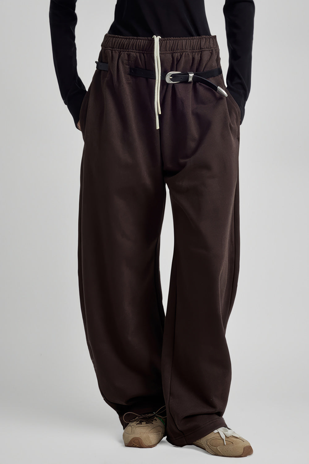 Wide-Leg Sweatpants with Belt Accent - Brown