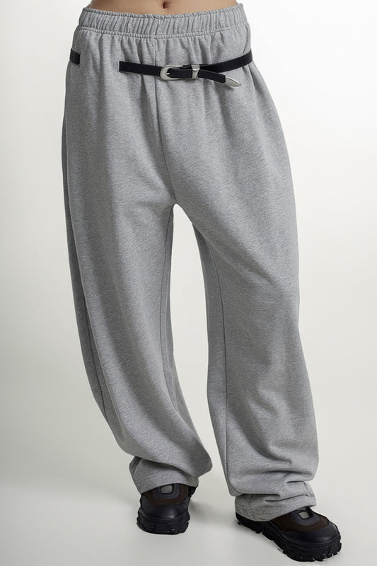 Wide-Leg Sweatpants with Belt Accent - Gray