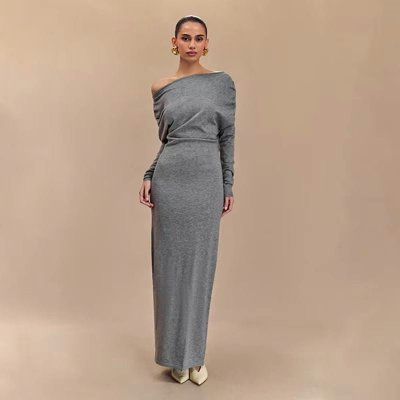 Off-Shoulder Draped Maxi Dress with Fitted Waist - Gray