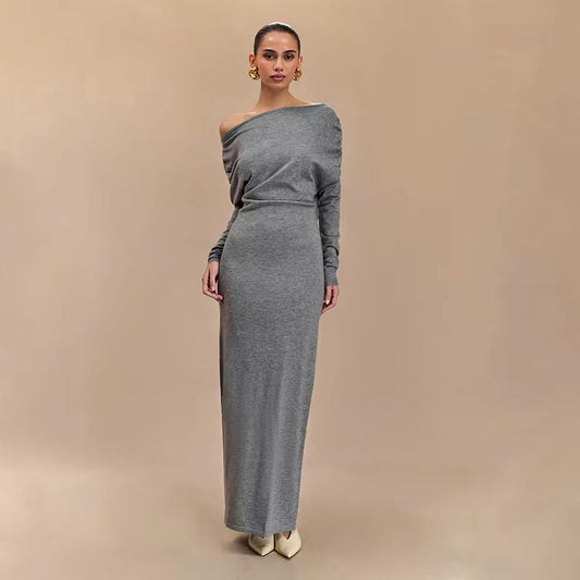 Off-Shoulder Draped Maxi Dress with Fitted Waist - Gray