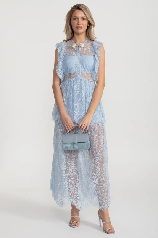 Lace Maxi Dress with Crystal Bow and Sheer Layers - Blue