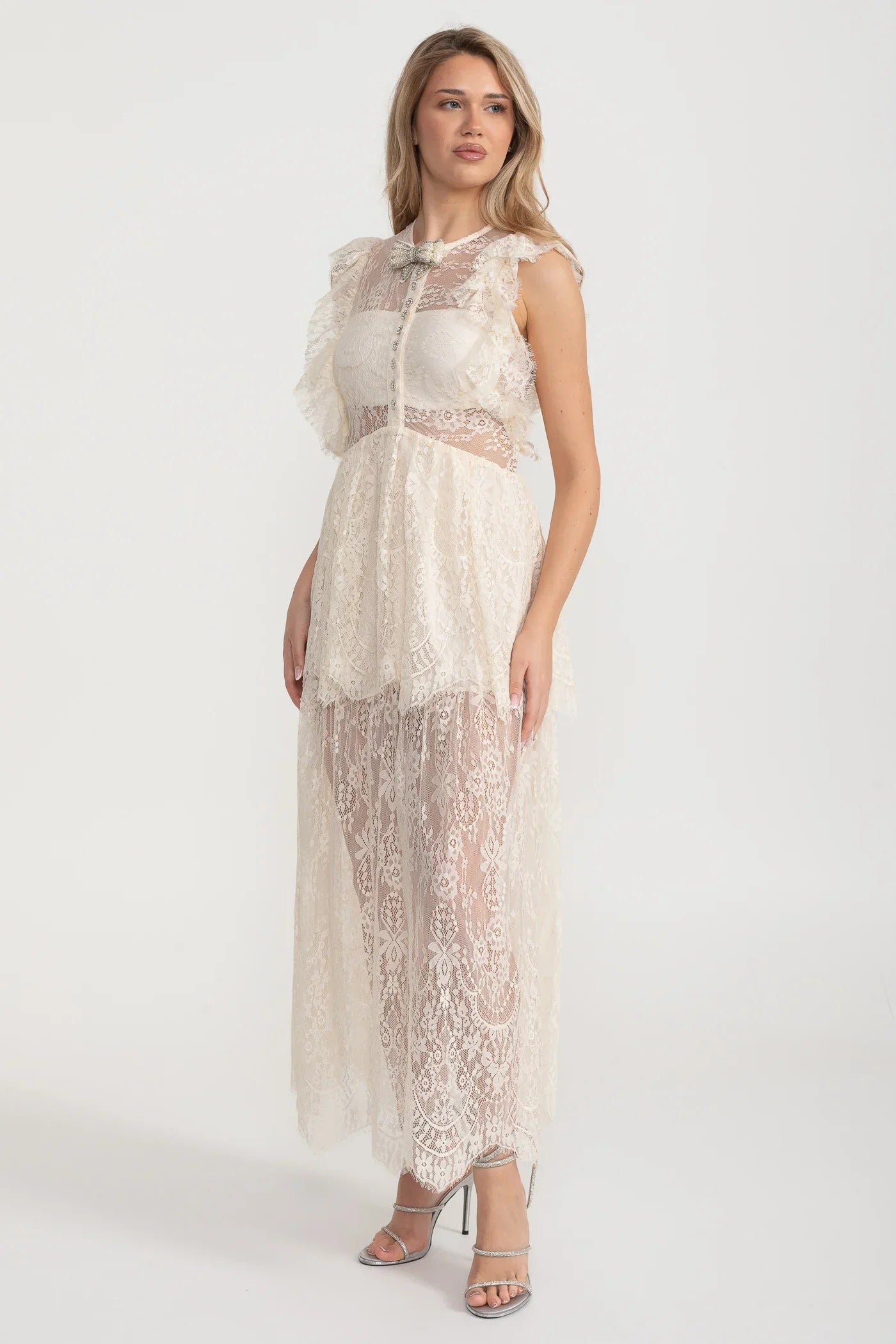 Lace Maxi Dress with Crystal Bow and Sheer Layers - White