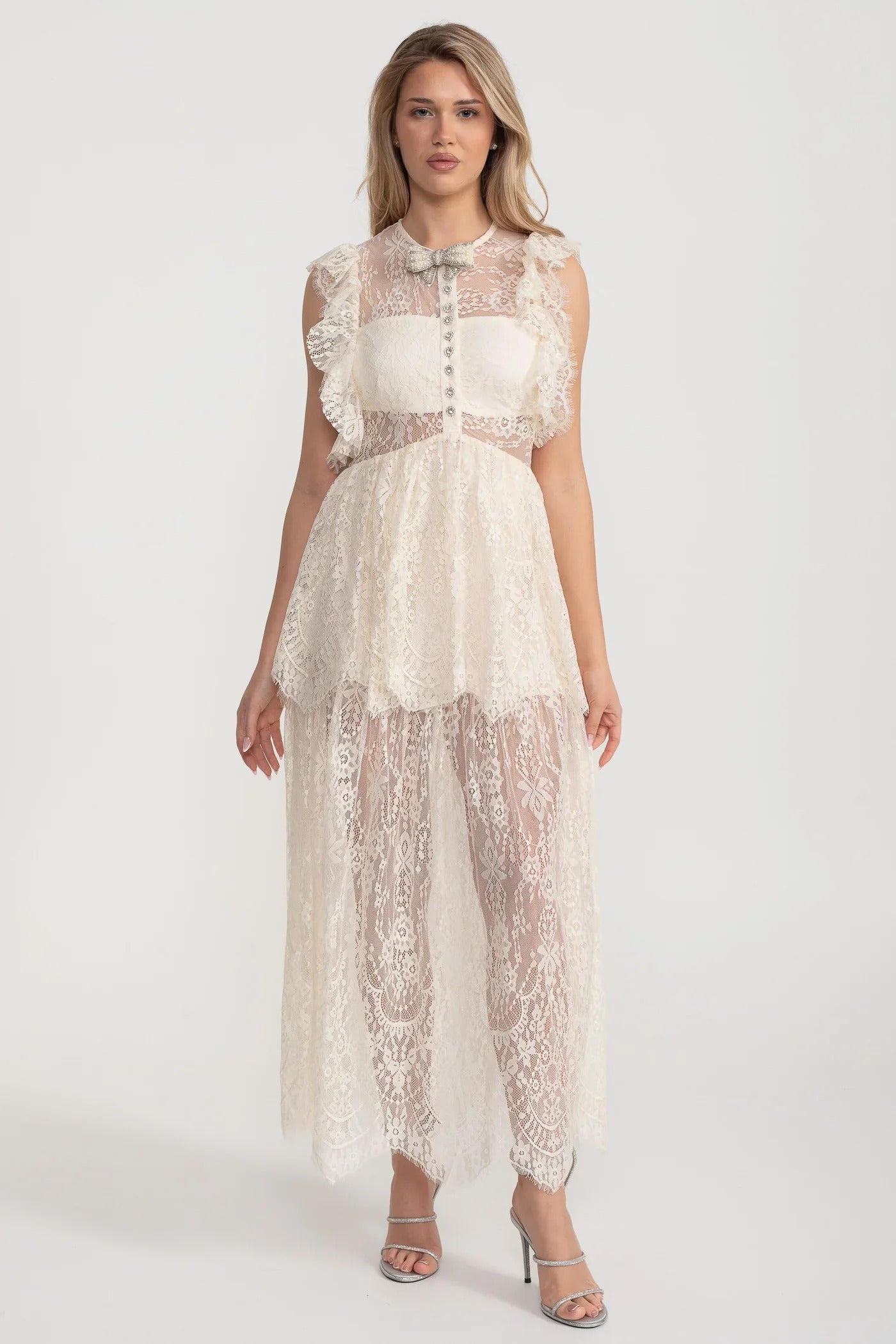 Lace Maxi Dress with Crystal Bow and Sheer Layers - White