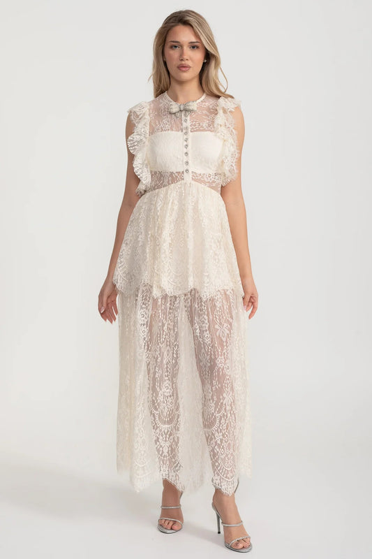 Lace Maxi Dress with Crystal Bow and Sheer Layers - White
