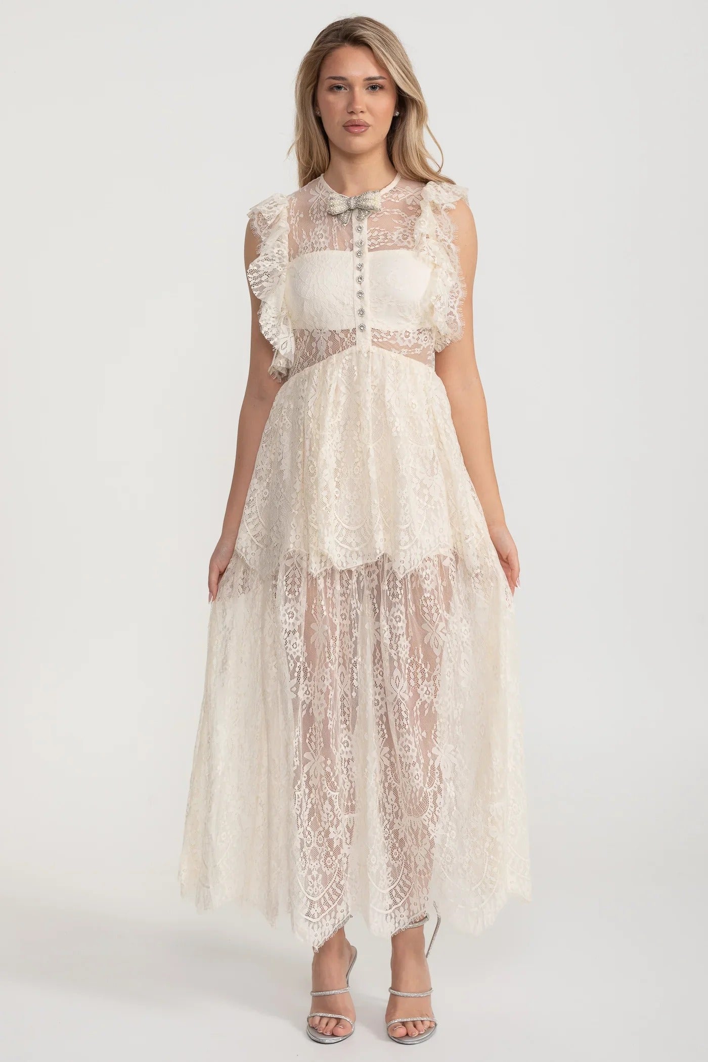 Lace Maxi Dress with Crystal Bow and Sheer Layers - White