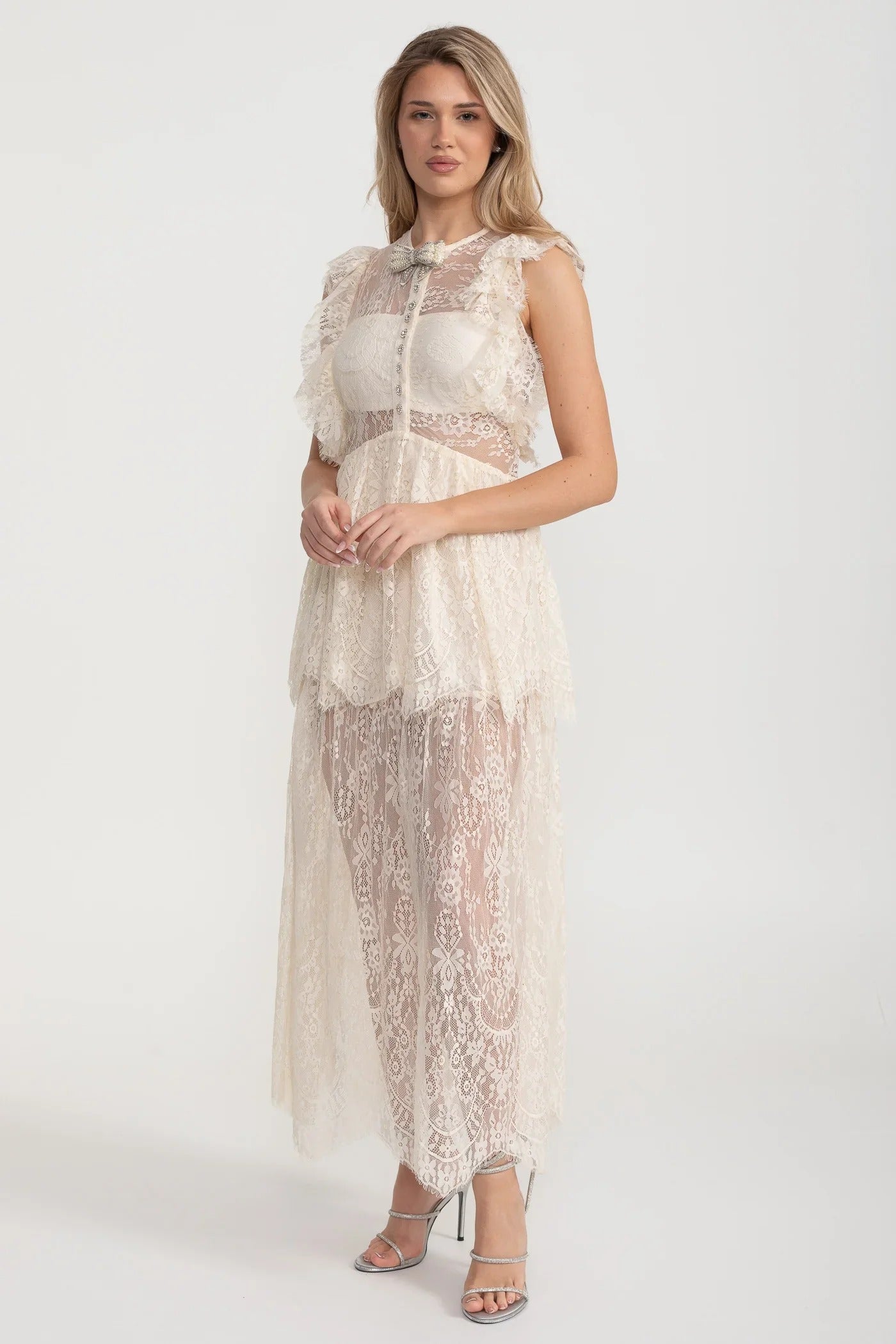 Lace Maxi Dress with Crystal Bow and Sheer Layers - White