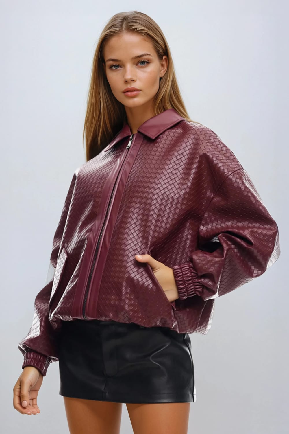 Textured Genuine Leather Zip-Up Jacket - Burgundy