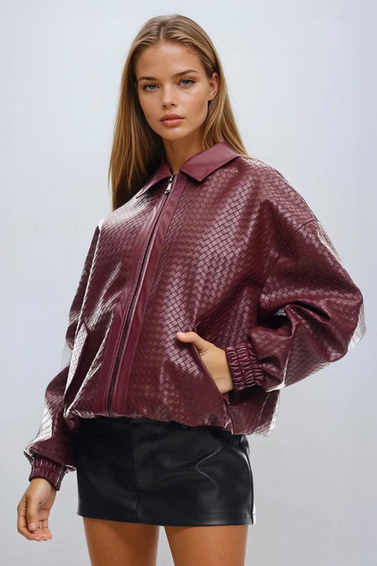 Textured Genuine Leather Zip-Up Jacket - Burgundy