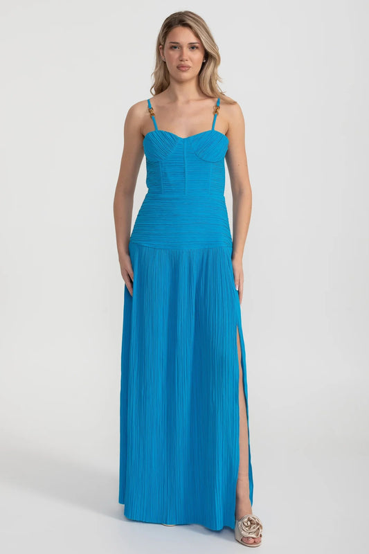 Pleated Maxi Dress with Gold Strap Details - Blue