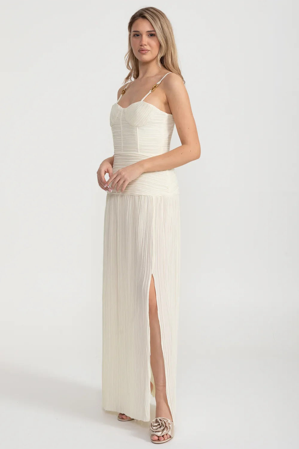 Pleated Maxi Dress with Gold Strap Details - Ivoire