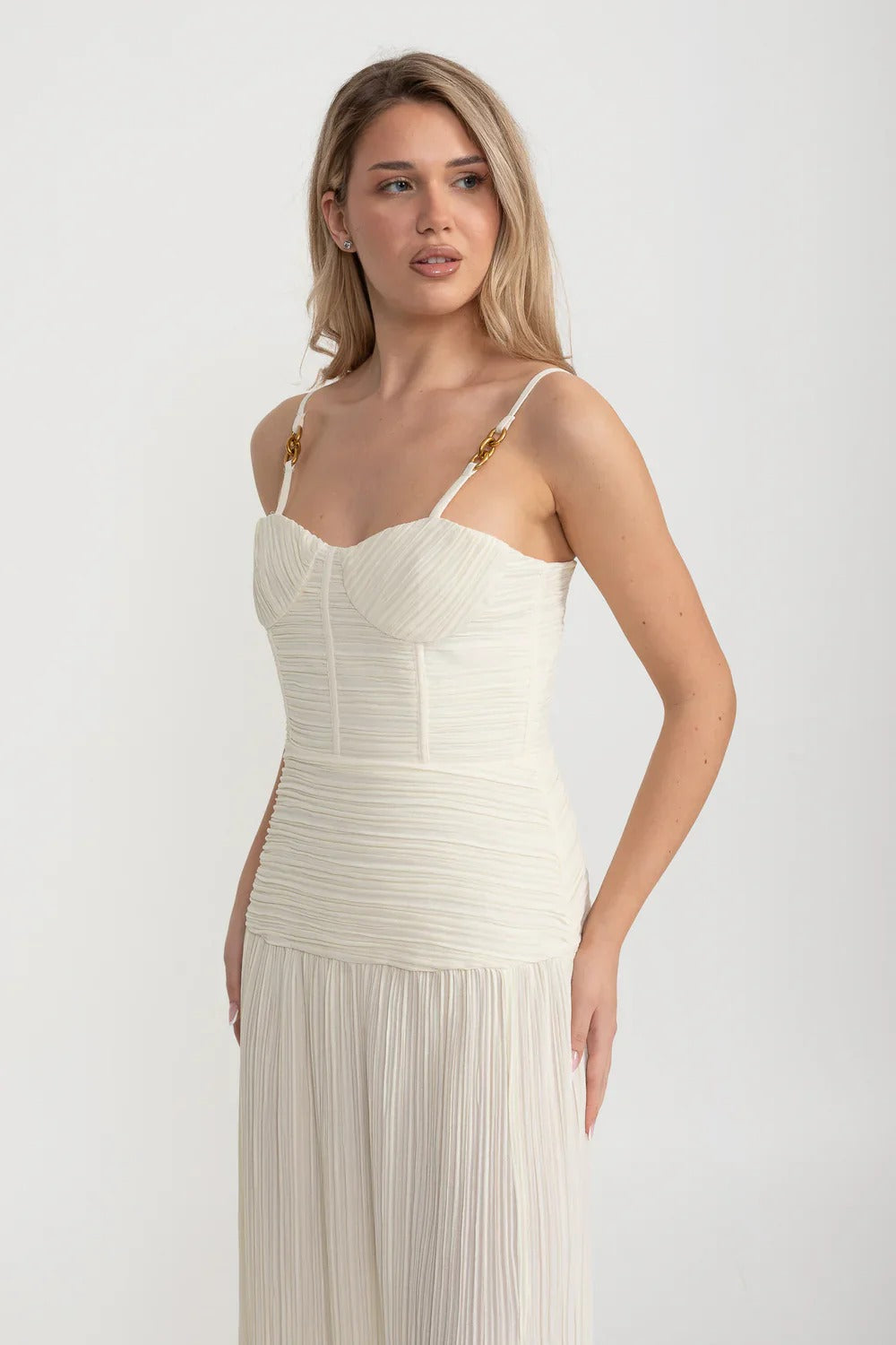 Pleated Maxi Dress with Gold Strap Details - Ivoire