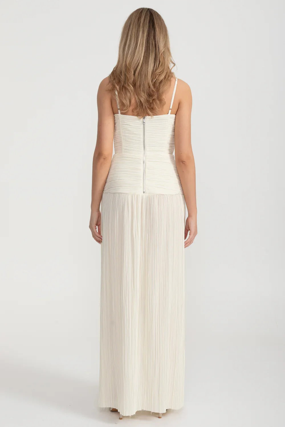 Pleated Maxi Dress with Gold Strap Details - Ivoire