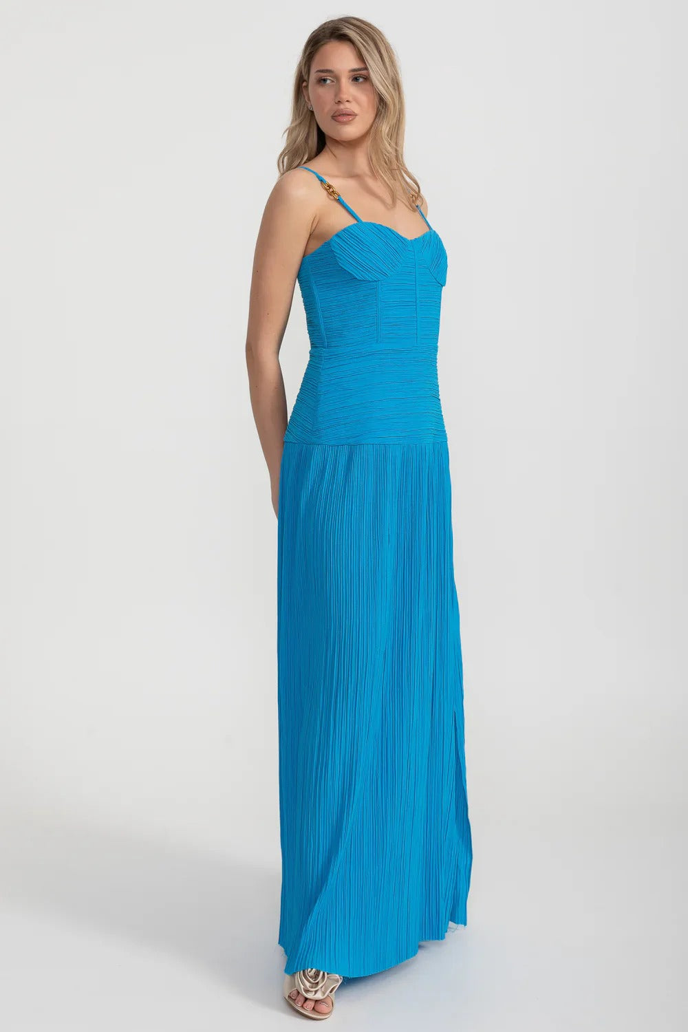 Pleated Maxi Dress with Gold Strap Details - Blue