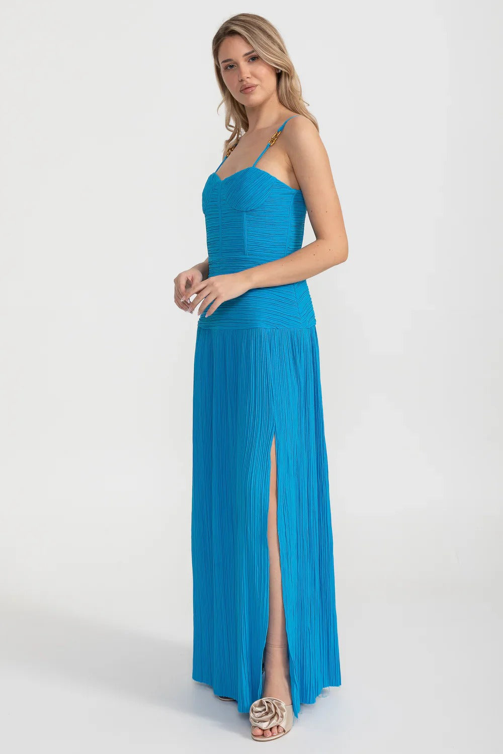 Pleated Maxi Dress with Gold Strap Details - Blue