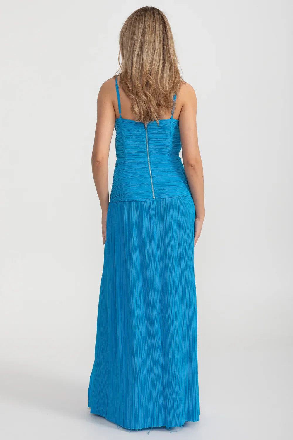 Pleated Maxi Dress with Gold Strap Details - Blue