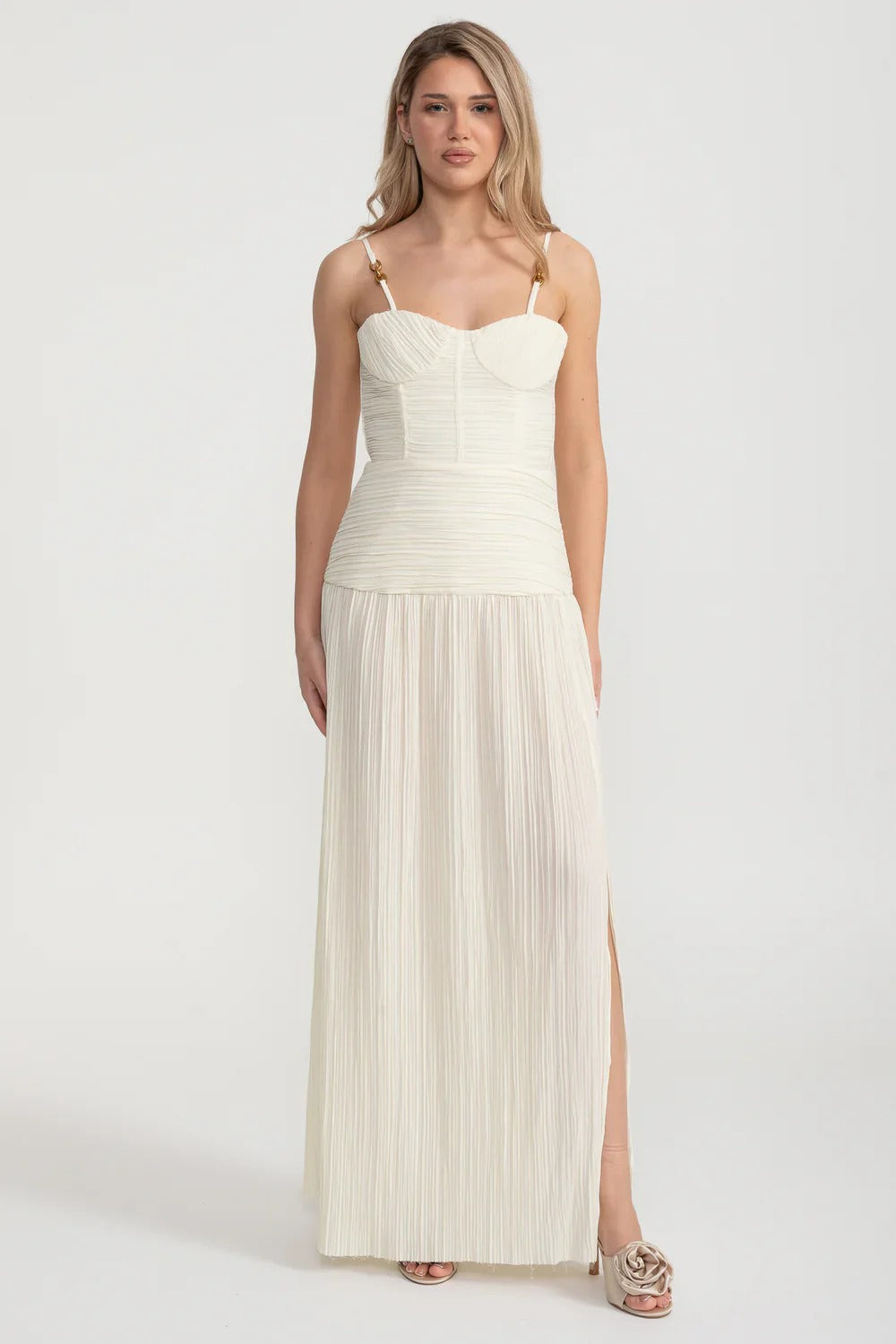 Pleated Maxi Dress with Gold Strap Details - Ivoire