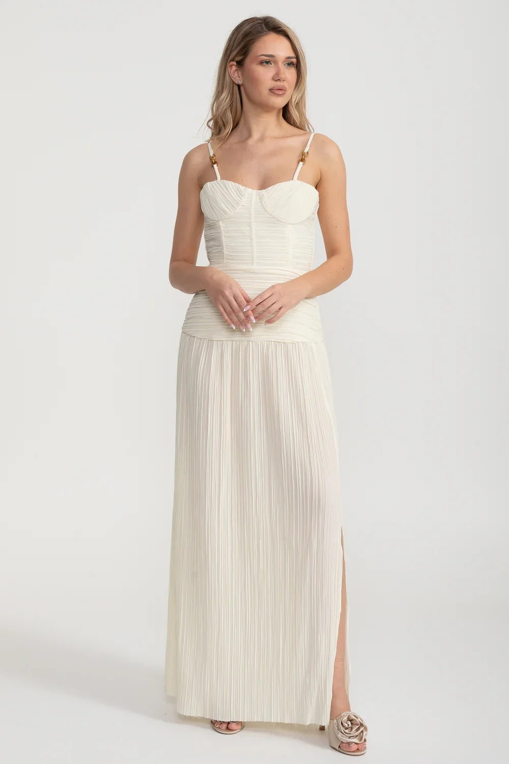 Pleated Maxi Dress with Gold Strap Details - Ivoire