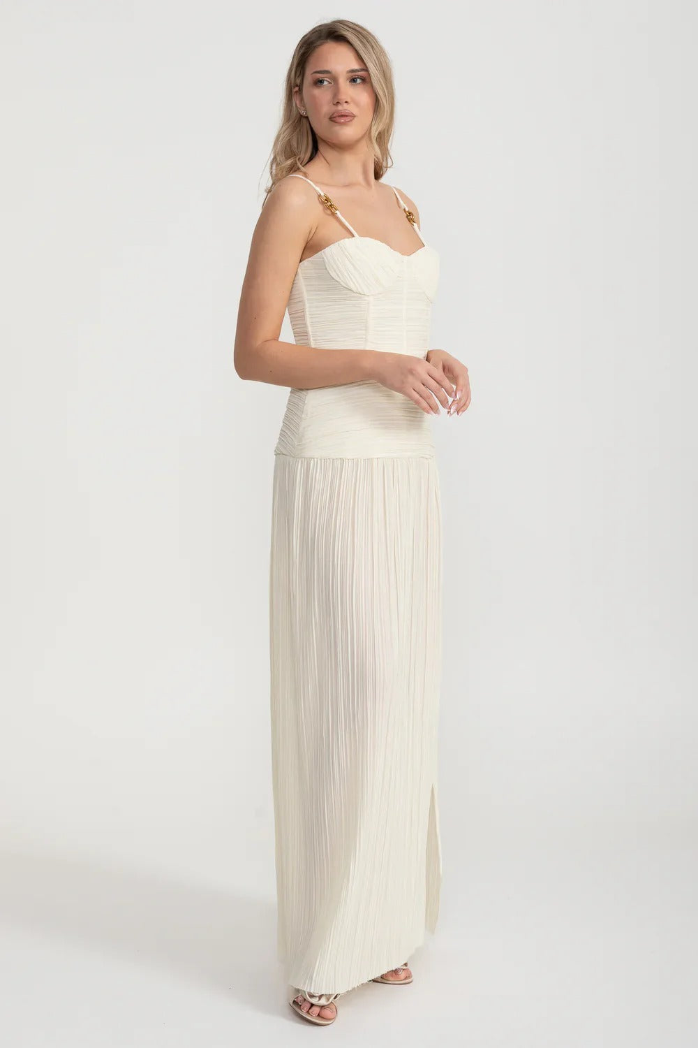 Pleated Maxi Dress with Gold Strap Details - Ivoire