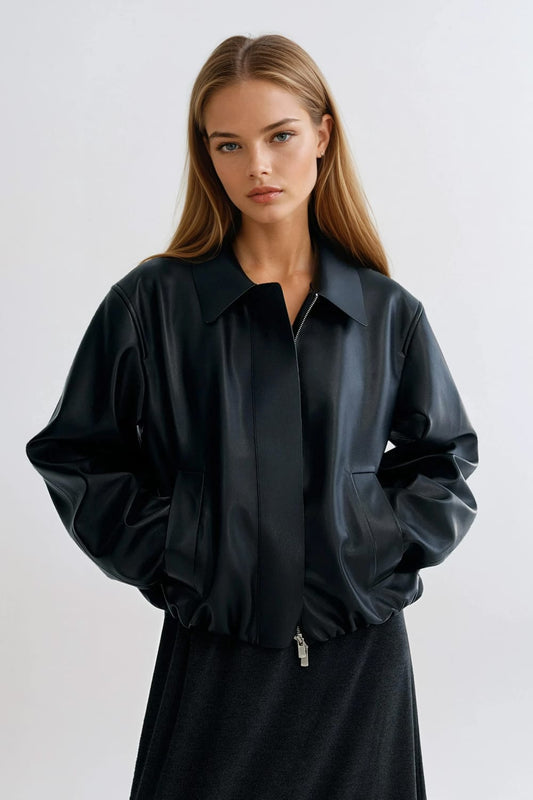 Classic Leather Zip-Up Jacket - Black