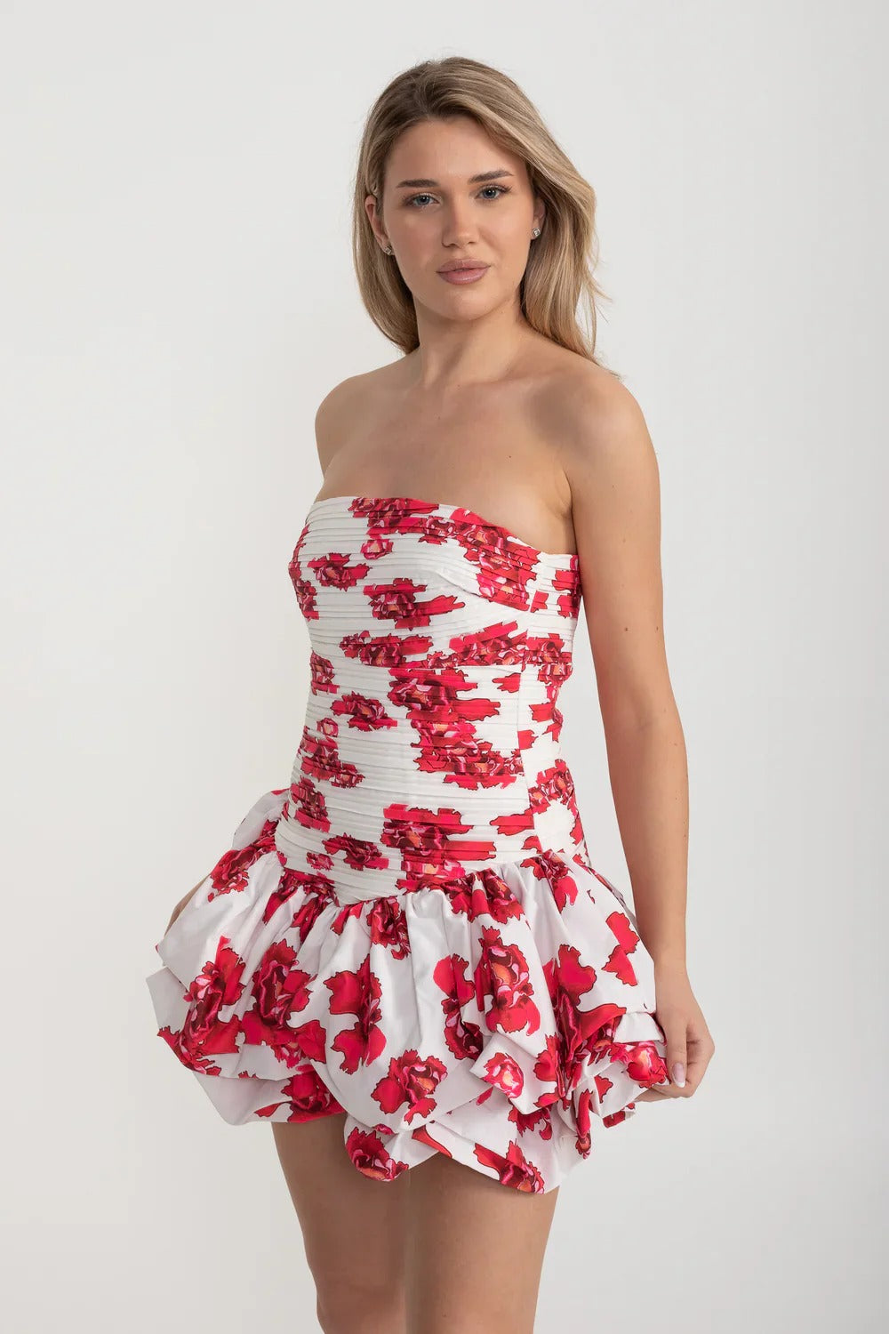 Strapless Ruched Dress with Floral Bubble Skirt - Red