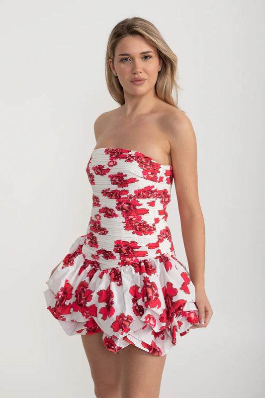 Strapless Ruched Dress with Floral Bubble Skirt - Red